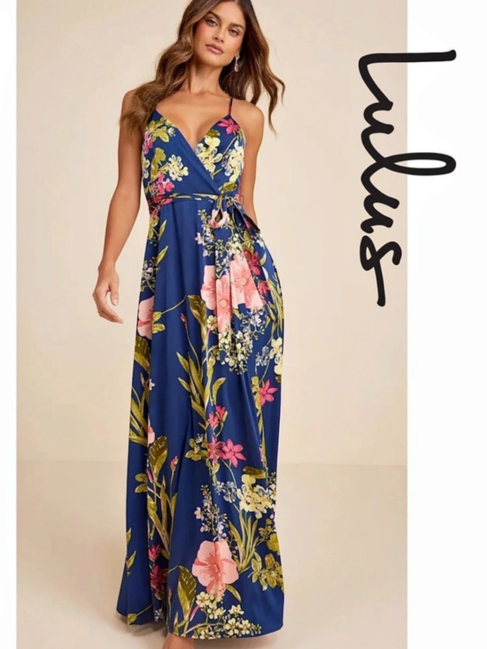 Lulus - Still the One Blue Floral Print Satin Maxi Dress - Small